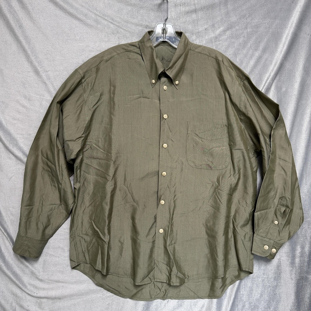 Johnnie Walker Shirt Mens Large Olive Green Silk Tencel Button‎ Down Long Sleeve